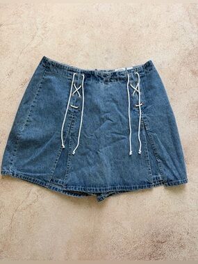 Blue Denim Lace-Up A-Line Skirt